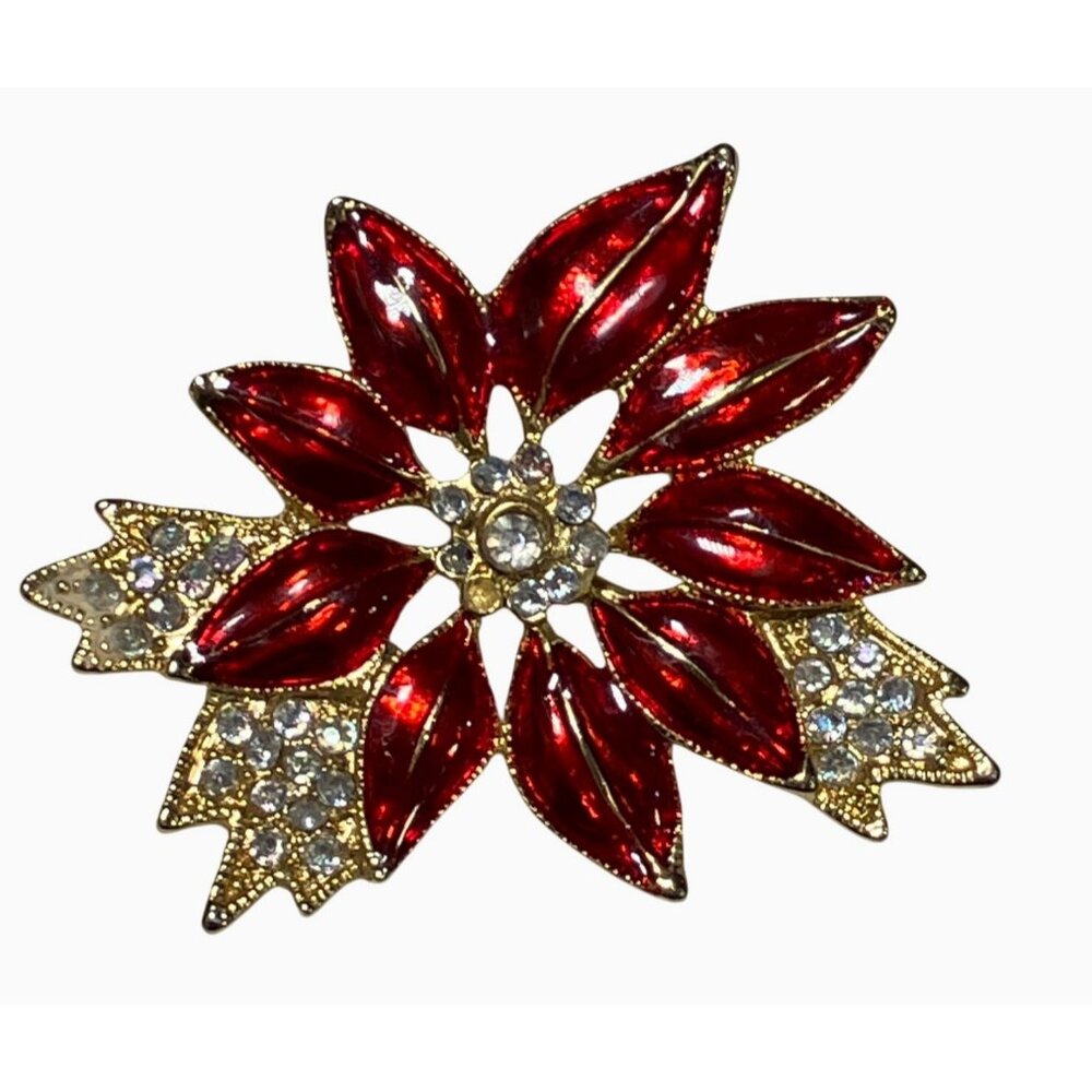 Red Enamel Crystal Flower Brooch Gold Tone vintage